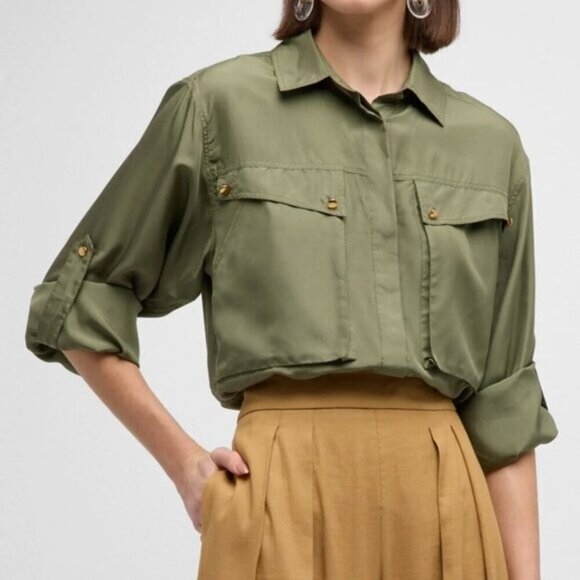 Veronica Beard Tops - Veronica Beard Silk Jada Blouse Olive Green Button Front Long/Roll Sleeves 8
